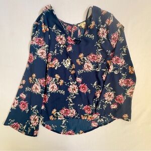 Lily White Floral Navy Blouse with Pink Accents Size XL